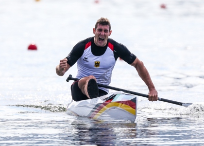 Sebastian Brendel celebrates winning the C1 1000m gold at Rio 2016