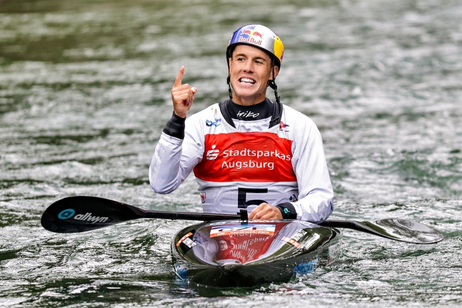 Czechia's Jakub Krejci celebrates another World Cup title Jakub Krejci Czechia kayak slalom Augsburg 2026