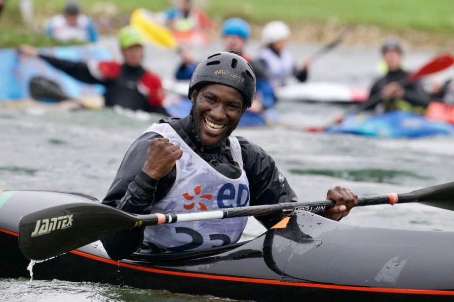 Wally Ndiaye out on the water during kayak cross event Wally Ndiaye Kayak Cross